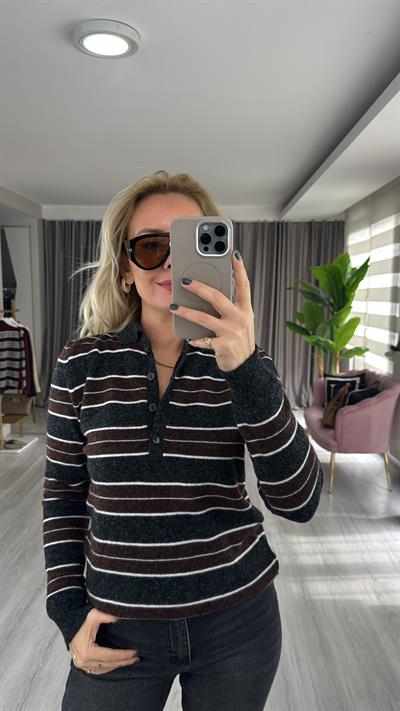 Polo Yaka Bordo Antrasit Çizgili Triko