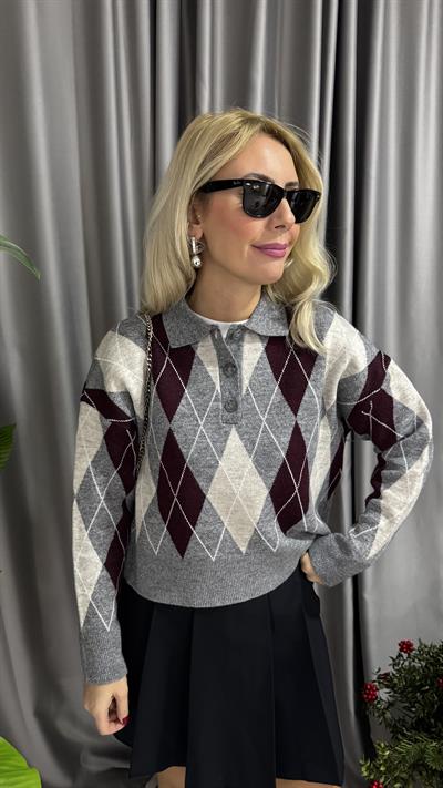 Polo Yaka Bordo Gri Baklava Desenli Premium Kazak