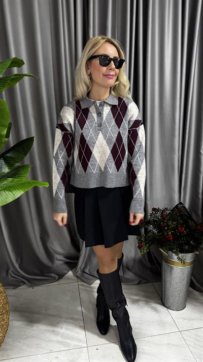 Polo Yaka Bordo Gri Baklava Desenli Premium Kazak