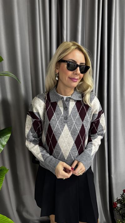 Polo Yaka Bordo Gri Baklava Desenli Premium Kazak