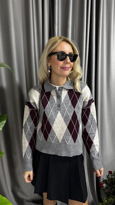 Polo Yaka Bordo Gri Baklava Desenli Premium Kazak