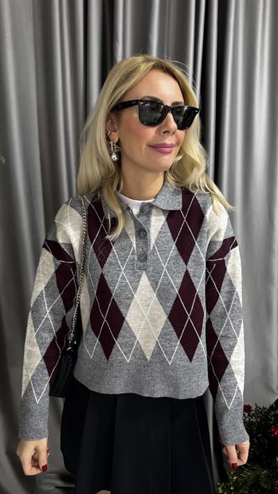 Polo Yaka Bordo Gri Baklava Desenli Premium Kazak