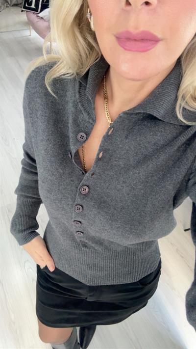 Polo Yaka Düğme Detaylı Gri Dilvin Triko    