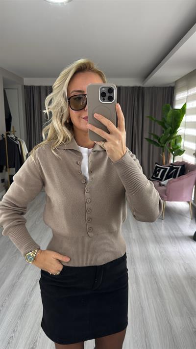 Polo Yaka Düğme Detaylı Koyu Vizon Dilvin Triko    