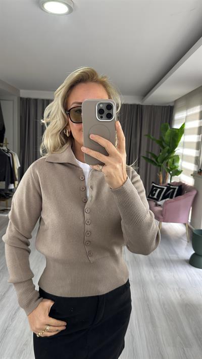 Polo Yaka Düğme Detaylı Koyu Vizon Dilvin Triko    