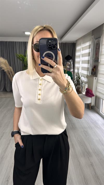 POLO YAKA, DÜĞMELİ, KISAKOL, EKRU TRİKO