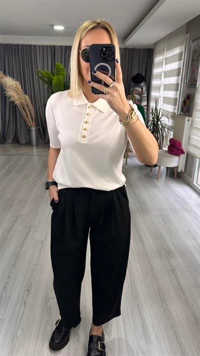 POLO YAKA, DÜĞMELİ, KISAKOL, EKRU TRİKO