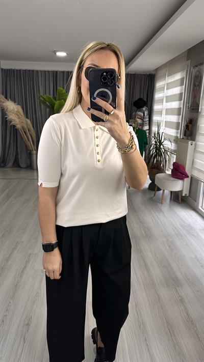 POLO YAKA, DÜĞMELİ, KISAKOL, EKRU TRİKO