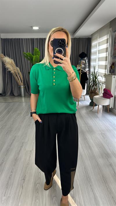 POLO YAKA, DÜĞMELİ, KISAKOL, YEŞİL TRİKO