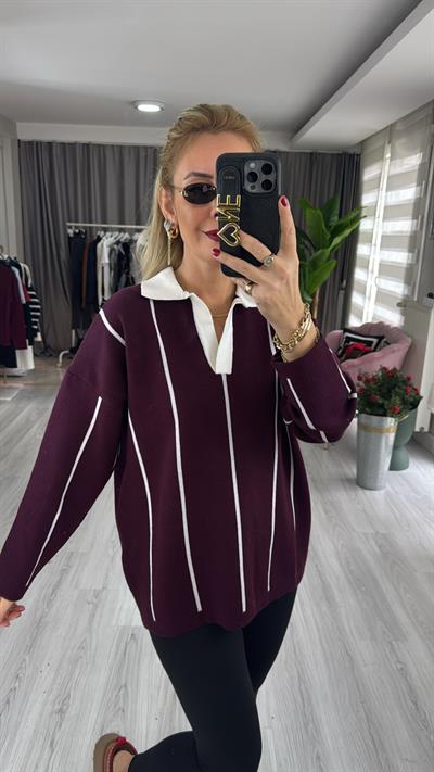 Polo Yaka Ekru Çİzgili Bordo Triko