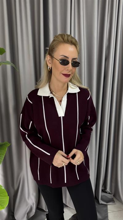 Polo Yaka Ekru Çİzgili Bordo Triko