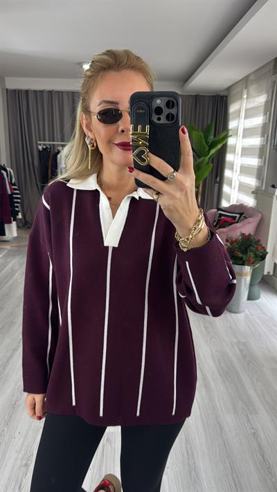 Polo Yaka Ekru Çİzgili Bordo Triko