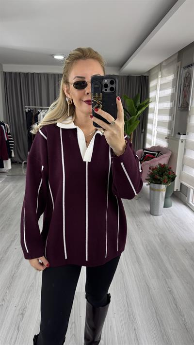 Polo Yaka Ekru Çİzgili Bordo Triko