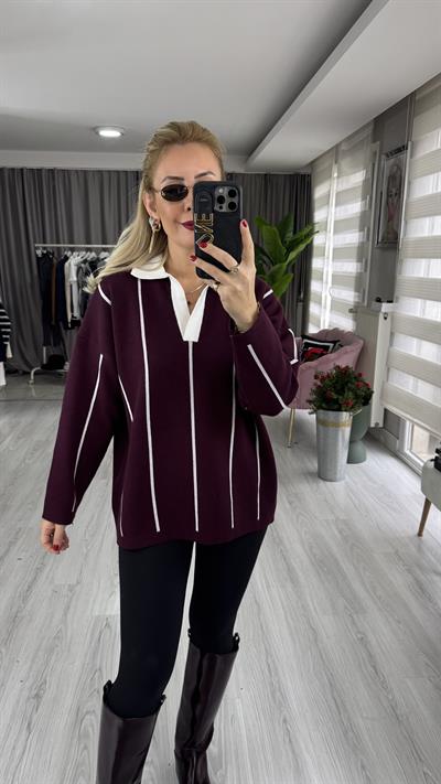 Polo Yaka Ekru Çİzgili Bordo Triko