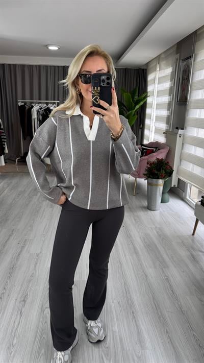 Polo Yaka Ekru Çİzgili Gri Triko