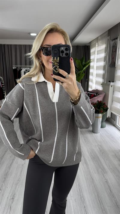 Polo Yaka Ekru Çİzgili Gri Triko