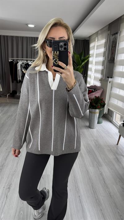 Polo Yaka Ekru Çİzgili Gri Triko