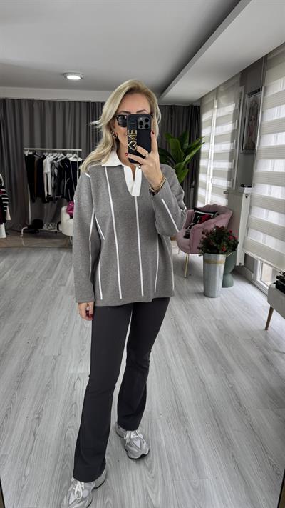 Polo Yaka Ekru Çİzgili Gri Triko