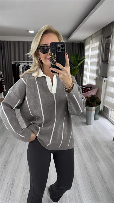 Polo Yaka Ekru Çİzgili Gri Triko