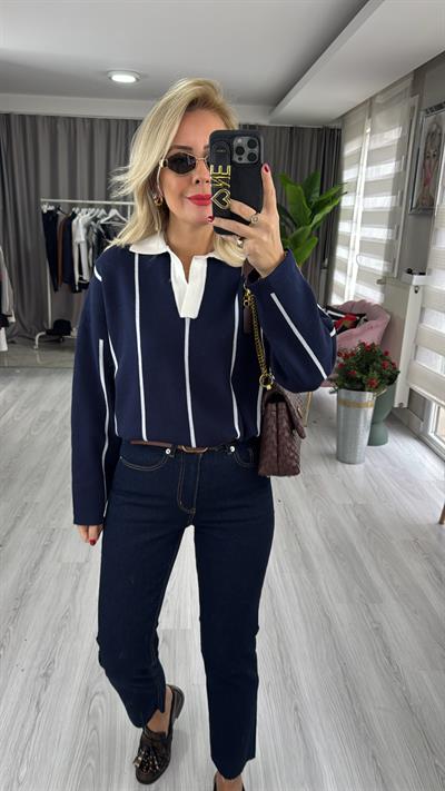 Polo Yaka Ekru Çİzgili Lacivert Triko