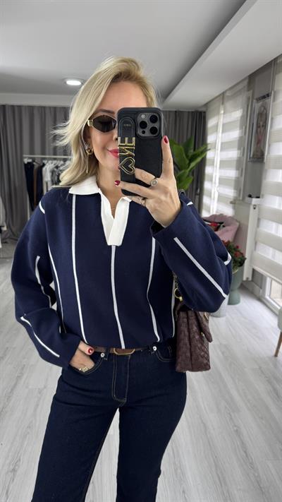 Polo Yaka Ekru Çİzgili Lacivert Triko