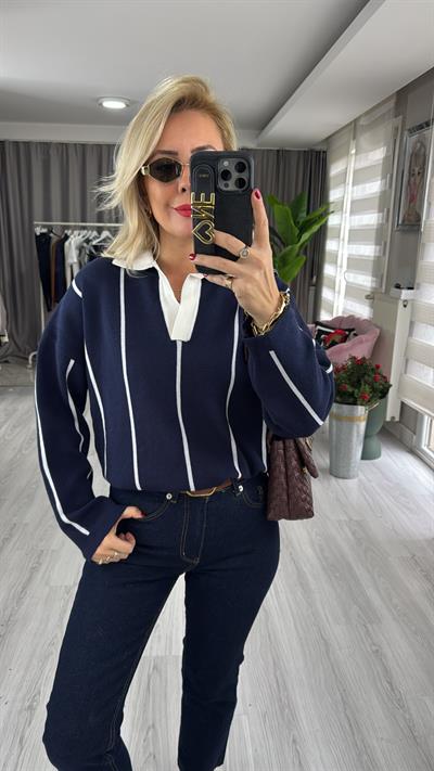 Polo Yaka Ekru Çİzgili Lacivert Triko