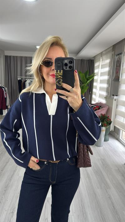 Polo Yaka Ekru Çİzgili Lacivert Triko