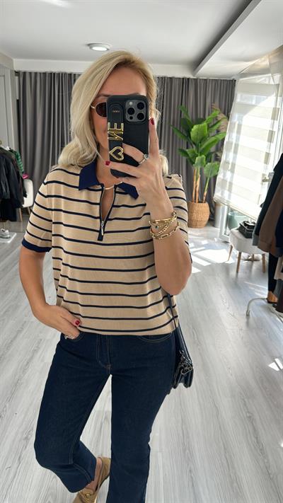 Polo Yaka Fermuarlı Bej Lacivert Çizgili Triko
