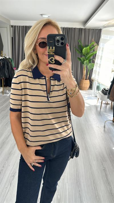 Polo Yaka Fermuarlı Bej Lacivert Çizgili Triko
