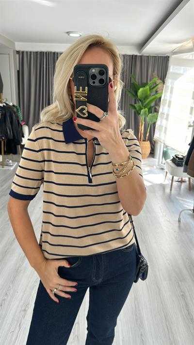 Polo Yaka Fermuarlı Bej Lacivert Çizgili Triko