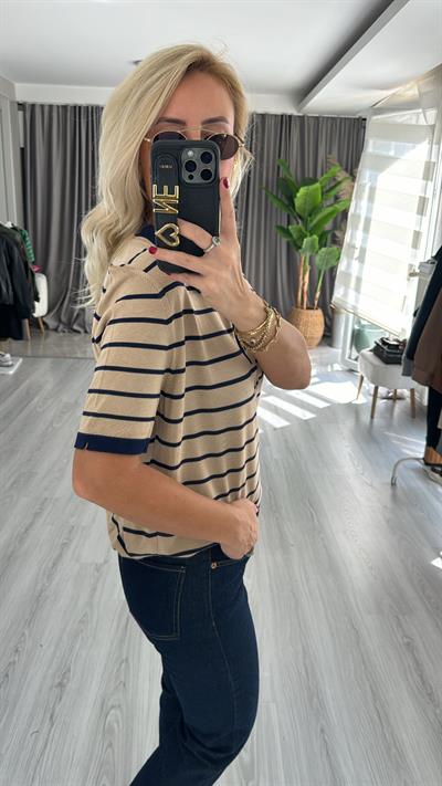 Polo Yaka Fermuarlı Bej Lacivert Çizgili Triko