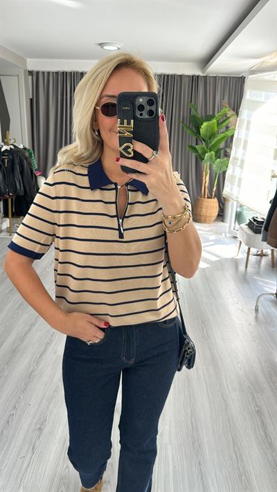 Polo Yaka Fermuarlı Bej Lacivert Çizgili Triko