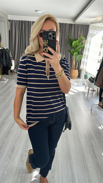 Polo Yaka Fermuarlı Lacivert Bej Çizgili Triko