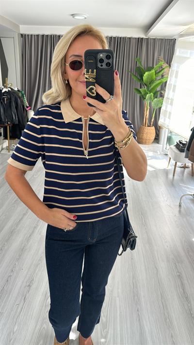 Polo Yaka Fermuarlı Lacivert Bej Çizgili Triko