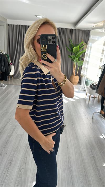Polo Yaka Fermuarlı Lacivert Bej Çizgili Triko