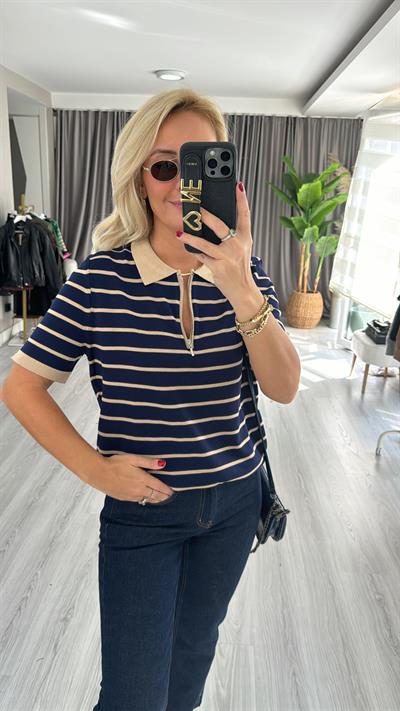 Polo Yaka Fermuarlı Lacivert Bej Çizgili Triko