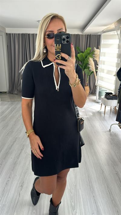 Polo Yaka, Fermuarlı, Siyah Triko Elbise