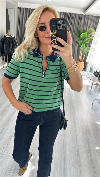 Polo Yaka Fermuarlı Yeşil Lacivert Çizgili Triko