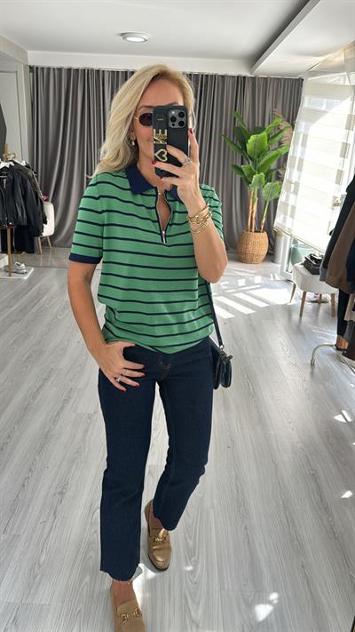 Polo Yaka Fermuarlı Yeşil Lacivert Çizgili Triko