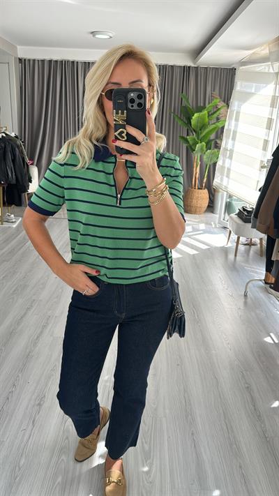 Polo Yaka Fermuarlı Yeşil Lacivert Çizgili Triko