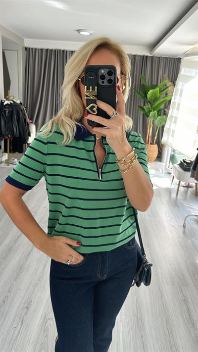 Polo Yaka Fermuarlı Yeşil Lacivert Çizgili Triko