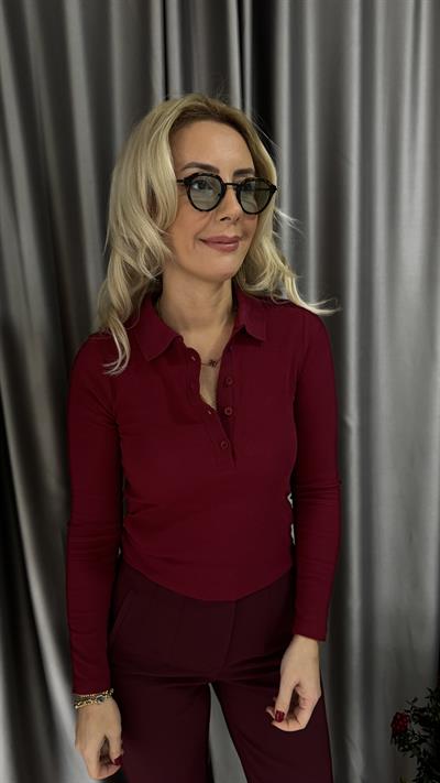 Polo Yaka Fitilli Kaşkorse Bordo Bluz