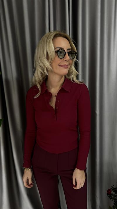 Polo Yaka Fitilli Kaşkorse Bordo Bluz