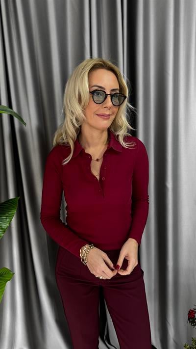 Polo Yaka Fitilli Kaşkorse Bordo Bluz