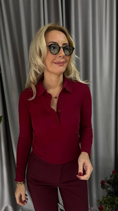 Polo Yaka Fitilli Kaşkorse Bordo Bluz
