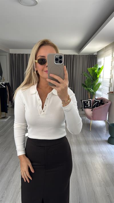 Polo Yaka Fitilli Kaşkorse Ekru Bluz