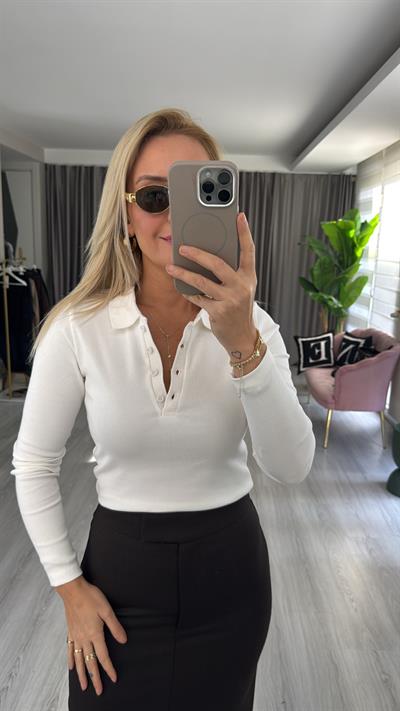 Polo Yaka Fitilli Kaşkorse Ekru Bluz