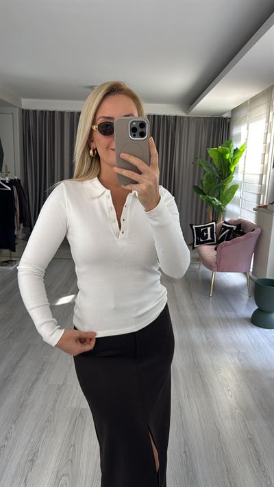 Polo Yaka Fitilli Kaşkorse Ekru Bluz