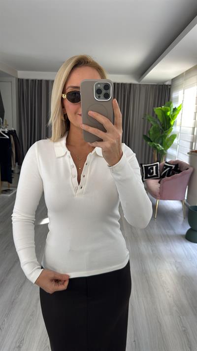 Polo Yaka Fitilli Kaşkorse Ekru Bluz