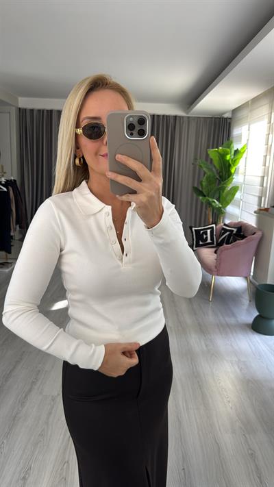 Polo Yaka Fitilli Kaşkorse Ekru Bluz